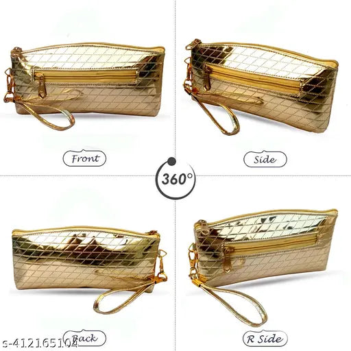 Ladies' Golden clutch, featuring a metallic closure and designed for evening wear