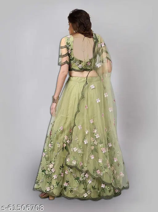 Embroidered unstitched silk choli & net dupatta set, Indian women's semi-stitched lehenga topwear & bottomwear