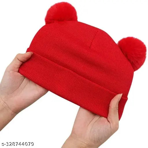 Red wool beanie, fuzzy ears, kids winter hat