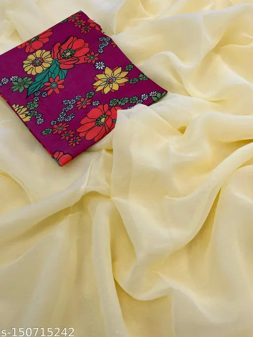 Pure Chiffon Jari saree with digital print blouse, Indian silk and chiffon fabric for traditional wear
