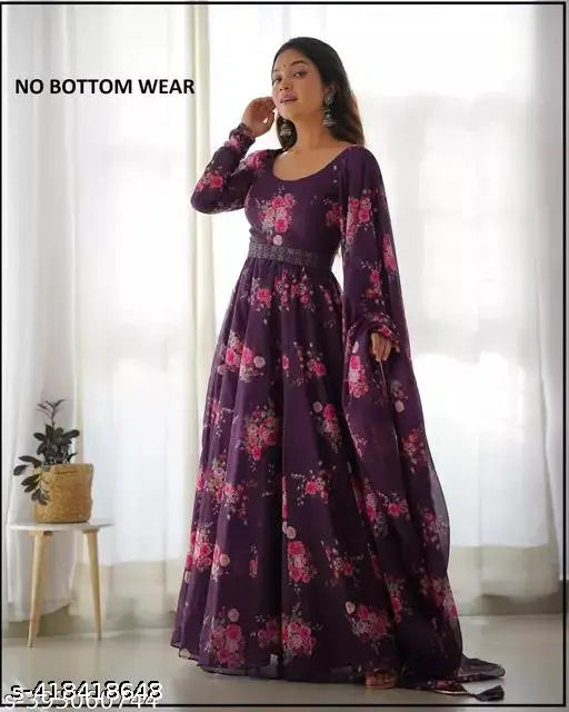 Multicolor embroidered Georgette gown with long sleeves, Indian ethnic style, size S-XXL
