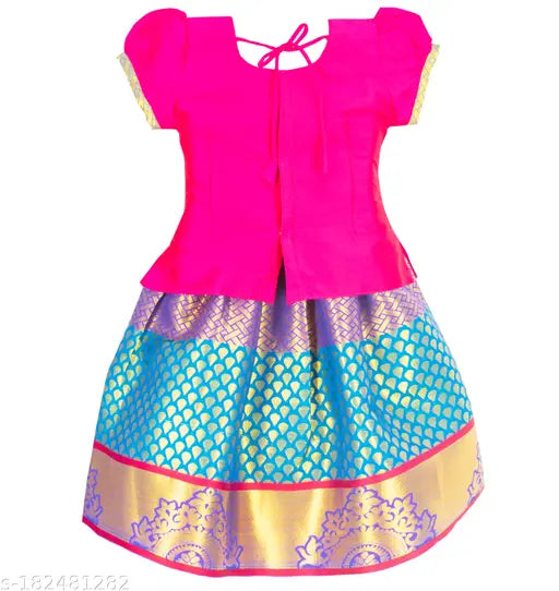 Red and gold cotton double rich pattu Pavadai lehenga choli, traditional Indian festive wear for girls aged 6-7