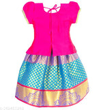 Red and gold cotton double rich pattu Pavadai lehenga choli, traditional Indian festive wear for girls aged 6-7