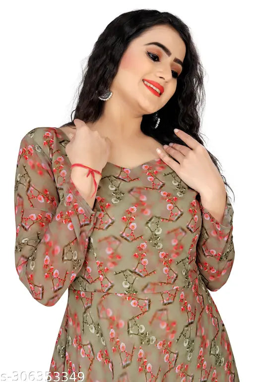 Women's Georgette Three-Quarter Sleeve Digital Printed Kurti, Full Flared Anarkali style, big sizes available, flower print