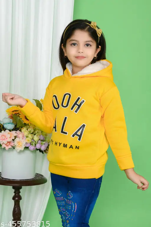 Yellow wool kids' hoodie, printed pattern on long sleeves by The Lalcollection for 4-8 years old, Indian origin
