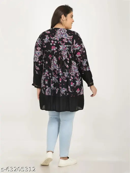 Veldress black floral print round neck top in rayon, long sleeves, XL size