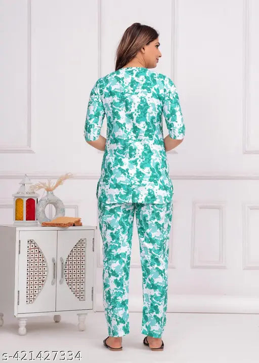 Aqua Green Tie Dye Print Viscose Rayon Nightdress and Pyjama Set, trendy sleepwear for women