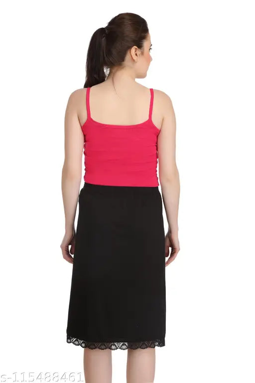 Splash cotton blend solid net half slip skirt for women - pack of 3, elastic waist and lace bottom, knee-length underskirt with side slit, available in sizes S-XXL from India