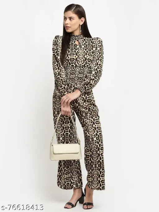 Printed Georgette casual jumpsuit for women, long sleeves, party-ready fashion wear on mannequin
