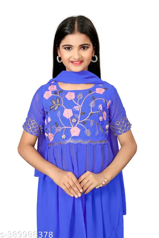 Georgette embroidered kurta set with dupatta, handwork front cut design, 4-13 years, India
