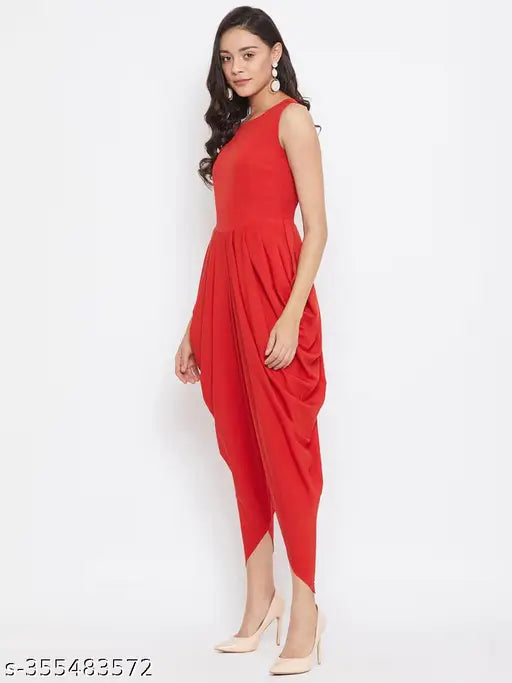 Red crepe dhoti jumpsuit, women's solid floral print fit-and-flare, Indian origin