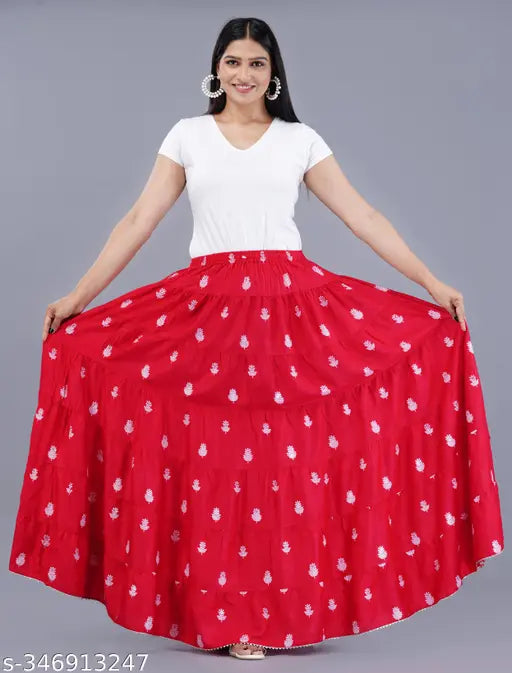 Red cotton long skirt with floral pattern
