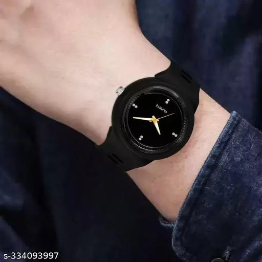 Black cotton baseball cap embroidered with stylish sunglass and wrist analog watch for men, on display stand