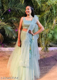 Silk-blend floral Lehnega Choli with net dupatta, Indian traditional outfit for free size (waist 42in, length 42in, dupatta 2.2in)