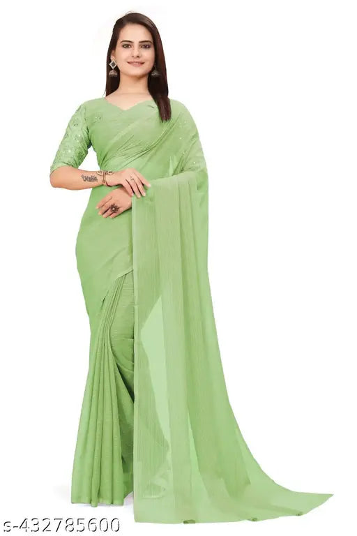 A light green shimmer georgette saree with an unstitched blouse