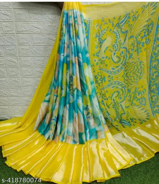 Dusty printed chiffon Brasso Moss saree with contrast blouse, premium quality Indian summer wear
