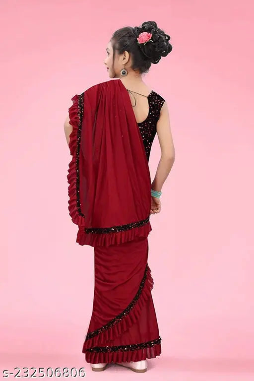 Maroon lycra blend ruffled pattern saree with velvet unstitched blouse