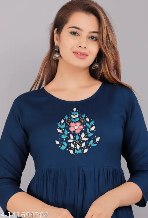 Rayon printed Anarkali kurta for women & girls - vibrant Indian fashion with three-quarter sleeves