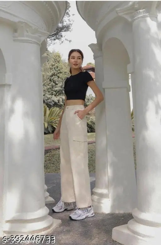 Cream Korian cargo pant and trouser with cotton blend, stylish women's full stretch denim jeans for comfort, solid color, India origin, size options available