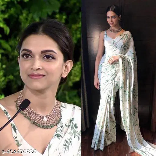 White floral lehenga saree, embellished with jeweled neckline and earrings