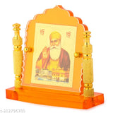 Orange-colored resin Guru Nanak idol with metallic pillars, Indian decor for homes, offices, or cars (8cm x 3cm x 8cm)