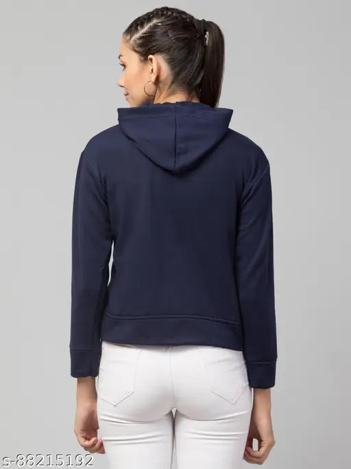 Dark blue cotton blend fleece jacket with double zipper, adjustable hood, and smiley print - women's fashion hoodie from Amarcom, India