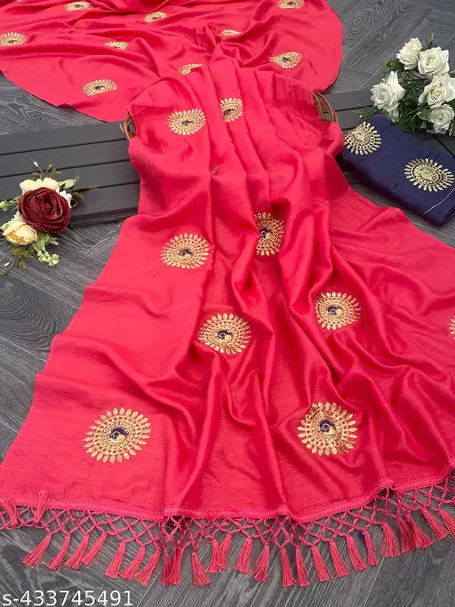 Vichitra Silk, pink dupion saree with embroidered blouse, single free size, Indian-made