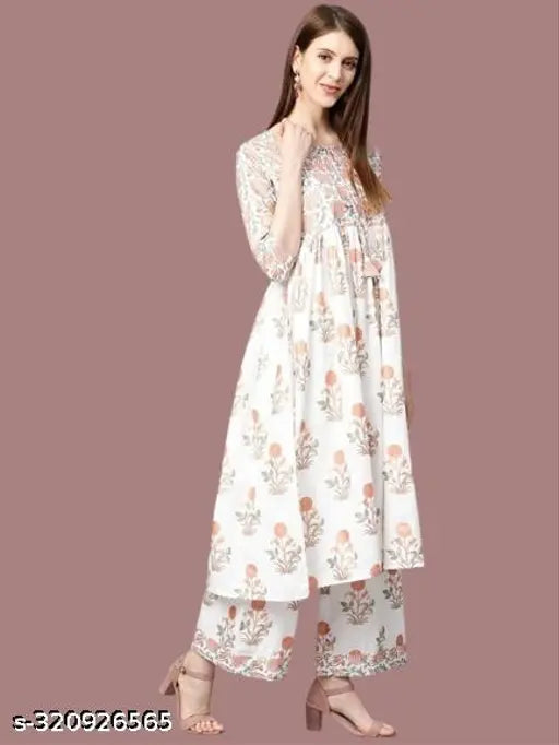 Cotton Banita Petite Women's Kurta Set with Palazzos, printed net three-quarter sleeve, Indian fashion for XXL and XXXL sizes