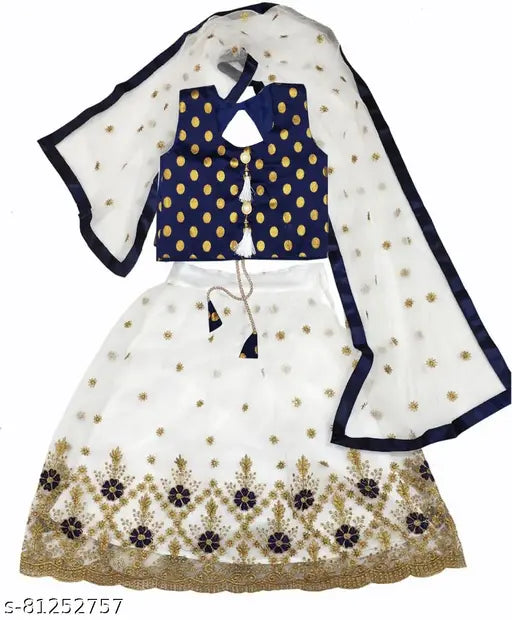 Silk and net flower embroidered lehenga choli, semi-stitched for girls aged 38 years. Embellished Indian wedding wear with sleeveless top, perfect for functions, festivals, parties, or weddings. Handcrafted in India