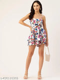 White and blue printed layered playsuit, sleeveless, pockets. XS (Bust 32in, Len 36in, Waist 26in), sustainable polyester. Model (5'8) wears S