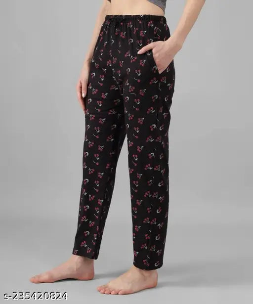 Black printed cotton pyjamas night dress women lounge wear