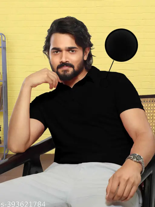 Black polo dot knit t-shirt with cotton blend collar, short sleeves for men and women. Solid pattern, size XL