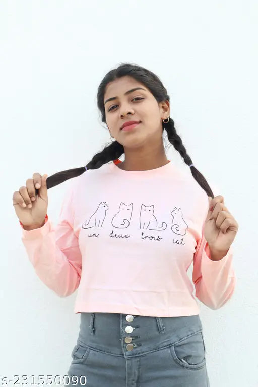 Cotton long-sleeved crop cat print t-shirt, featuring a playful feline design. XS (34in bust, 17in length), India origin