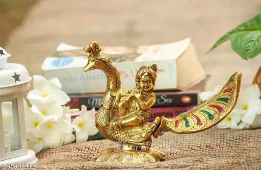 Golden metal sitting anticia peacock laddu gopal idol vastu showpiece for puja, 185x85x14cm