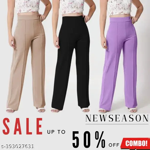 Women's classic high-waisted bellbottom pants in black, purple, and beige. High-waisted flared jeans in a bundle of three