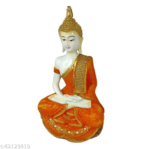 Orange and gold sitting Buddha statue showpiece idol for home decor