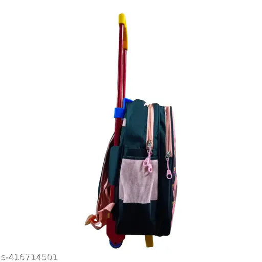 Peach waterproof trolley bag, 40L, durable polyester net. Perfect for school kids, Indian Riders Queen Friends design." (125 characters)