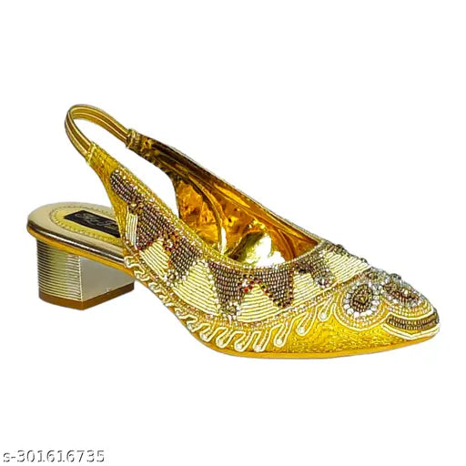 Synthetic gold-embellished belly sandals by Hafiz Footwear, India - Stylish, unique, and comfortable ballerinas in sizes IND-5 to IND-10