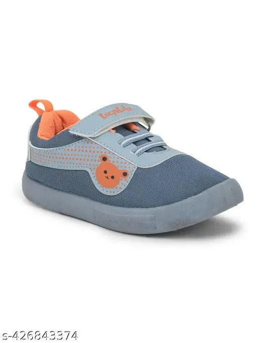 Black sneakers with blue laces and an orange paw print, no closures or additional text on a white background