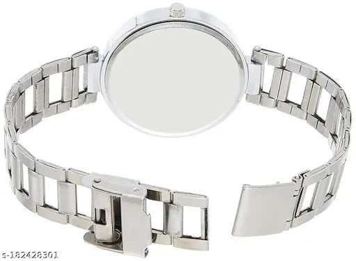 Analog watch with a white face, silver bands, and black numbers on a clean background