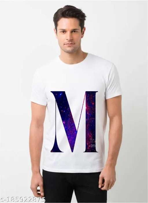 White polyester alphabet A-to-Z printed men's round neck half sleeve t-shirt, short sleeves on display