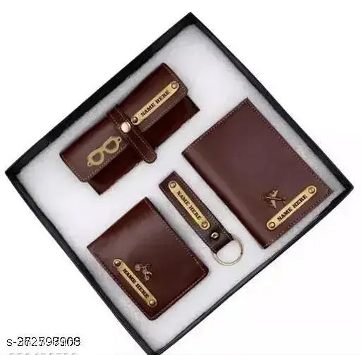 Customized faux leather men's wallet-passport cover set with keychain and sunglass case, solid pattern, free size (7cm x 5cm)