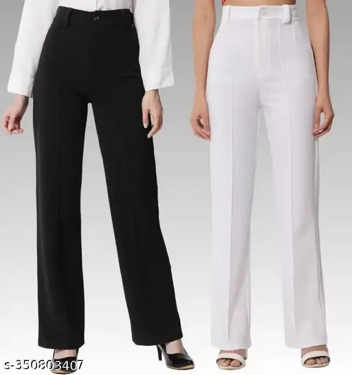 Black stretchy casual women's slim fit or bootcut trousers, with a ribbed waistband