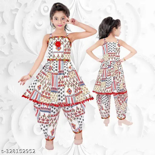 Cotton blend girls partywear kurti with dhoti set, embellished A-line top and dhoti pants for ethnic celebration, size 3-4 years, India origin