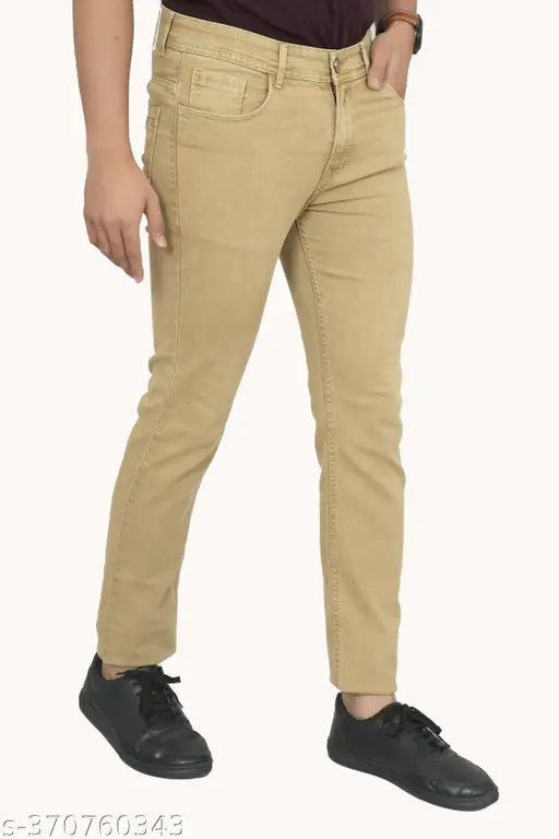 Men's regular fit stretch jeans, denim with lycra blend, lightly washed, mid-rise, zip fly with button closure, solid pattern, size 30/32/34/40. Indian made men's jeans with five pockets