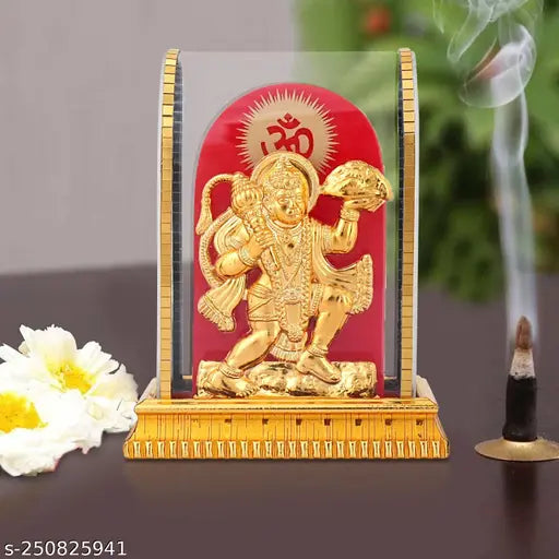 Metal brass Hanuman Ji idol (Bajrangbali Murti) for car dashboard or home decor - Awesome Craft's sitting statue portraying Pawan Putra with stone and mattress