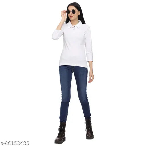 White cotton regular fit T-shirt with 3/4 sleeves and collar neck, suitable for women and girls, made by Roarers Casual Tops in India