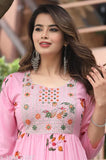 Rayon Anarkali embroidery, vibrant printed long dress with three-quarter sleeves, Indian fashion for women in multiple sizes