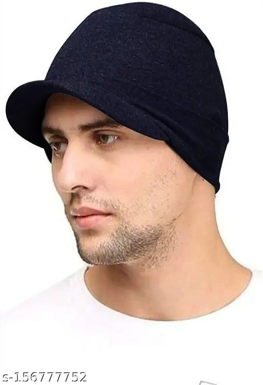 Striped cotton skull cap with short visor, breathable and expandable, made in India