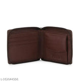 Brown faux leather round zip wallet with two compartments, solid pattern. Mens wallet with name by ZOSTER, suitable for everyday use and storage needs